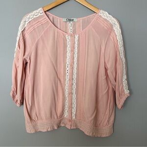 Chloé Pink Lace-Trim Button Front Blouse